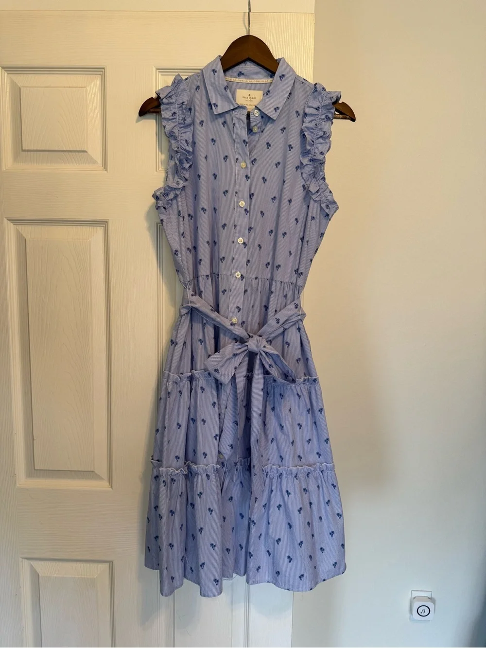 Kate Spade Blue Palm Tree Stripe Ruffle Shirt Dress L